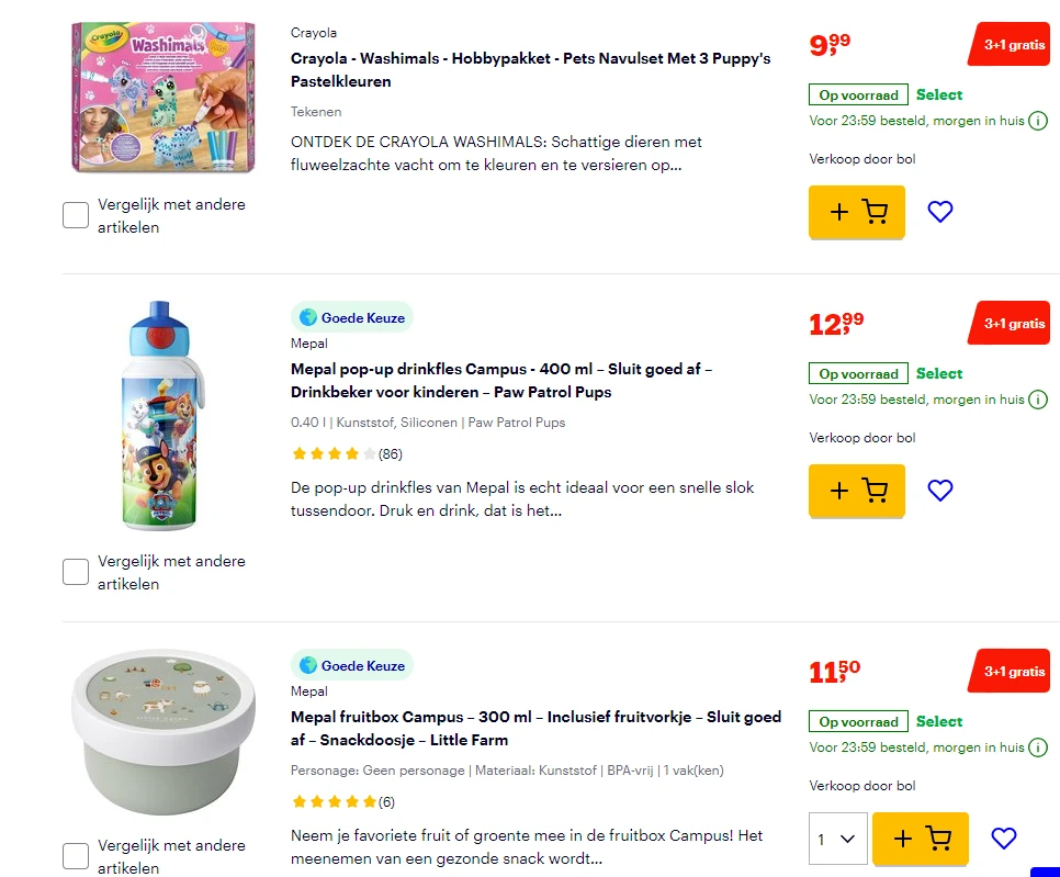 3+1 gratis op tal van baby en speelgoed artikelen bij Bol